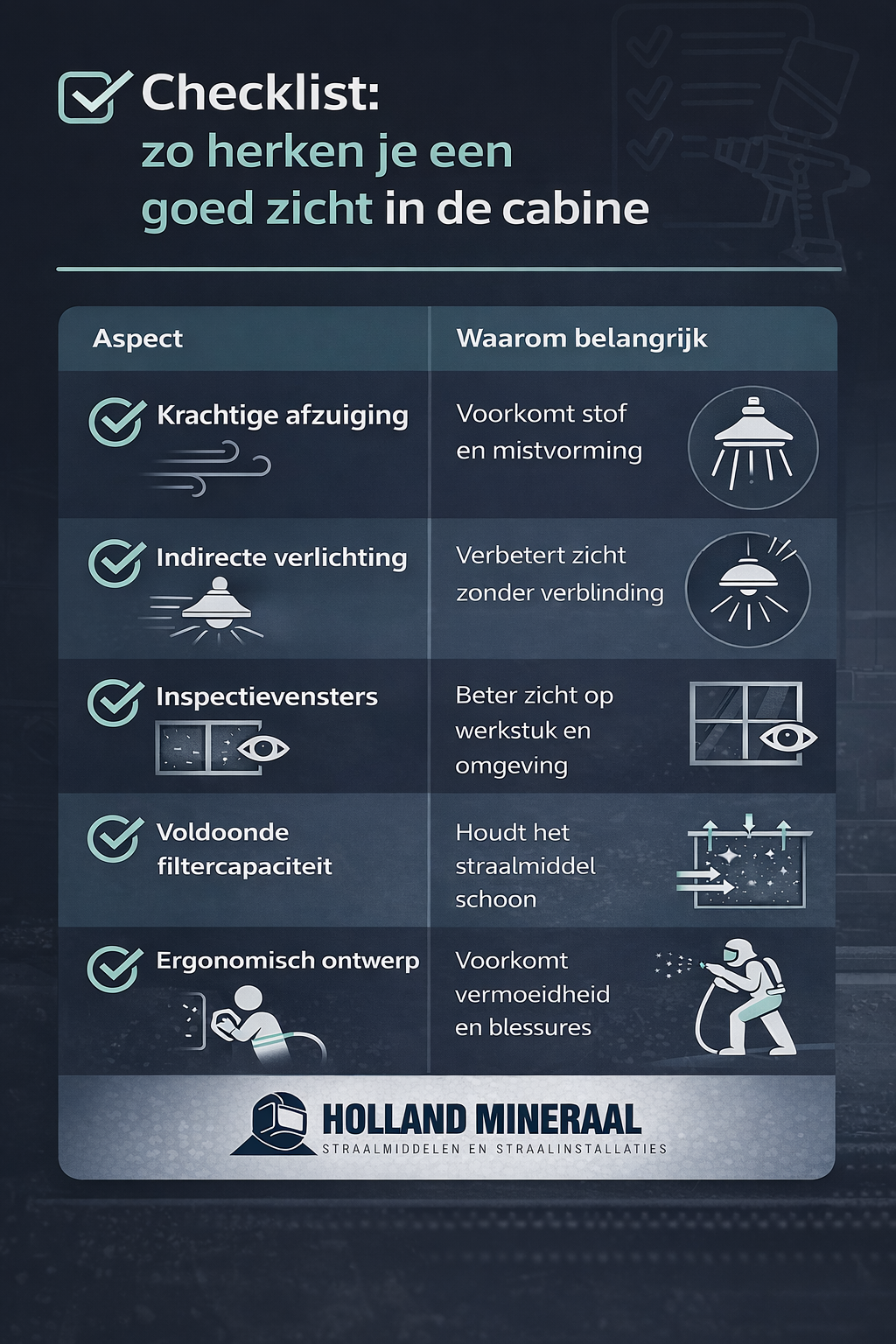 Infographic met checklist voor goed zicht in een straalcabine, met aandacht voor afzuiging, verlichting, inspectievensters, filtercapaciteit en ergonomisch ontwerp.